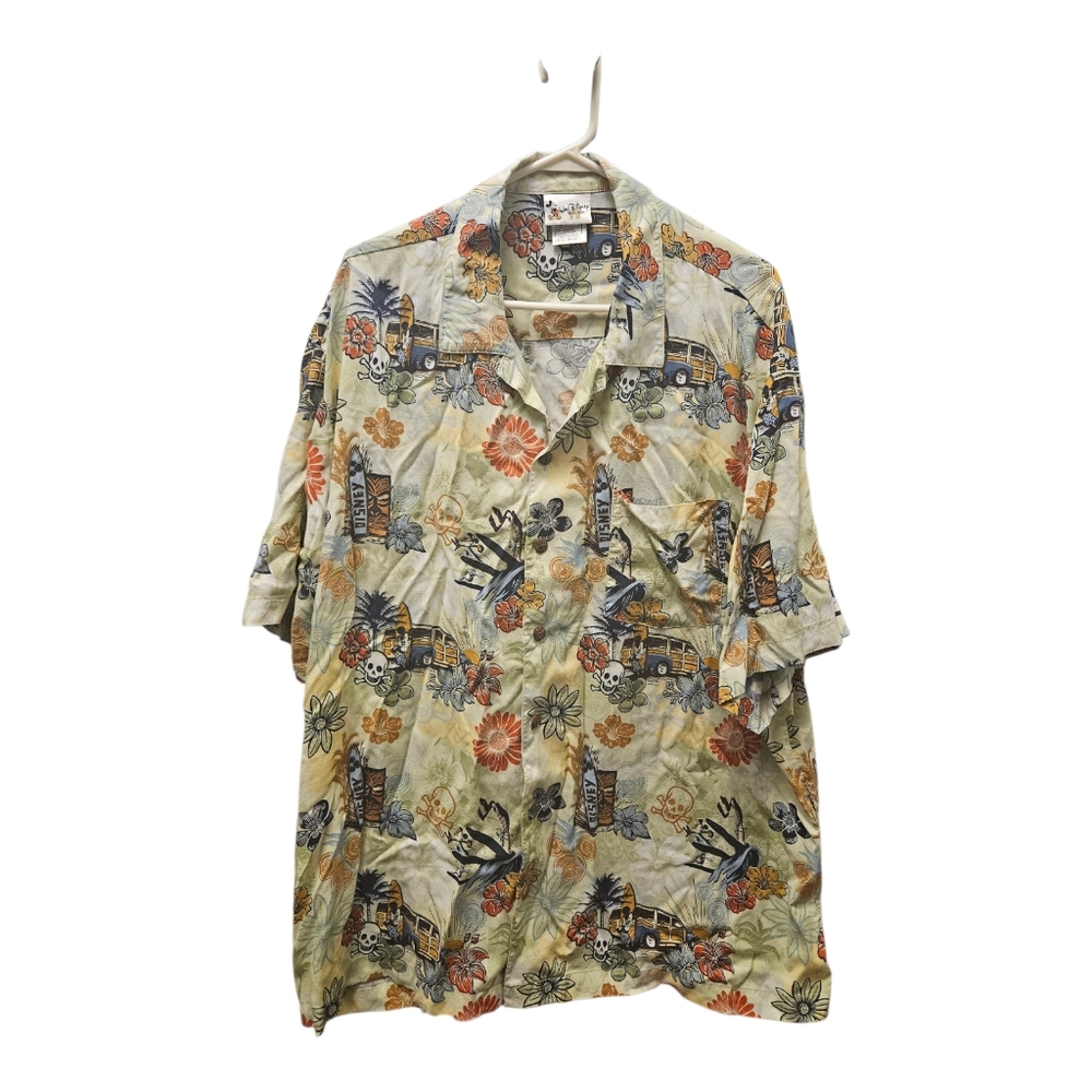Walt Disney World Hawaiian Camp Shirt Mens Size XXL Mickey Pirate Skull Surfing